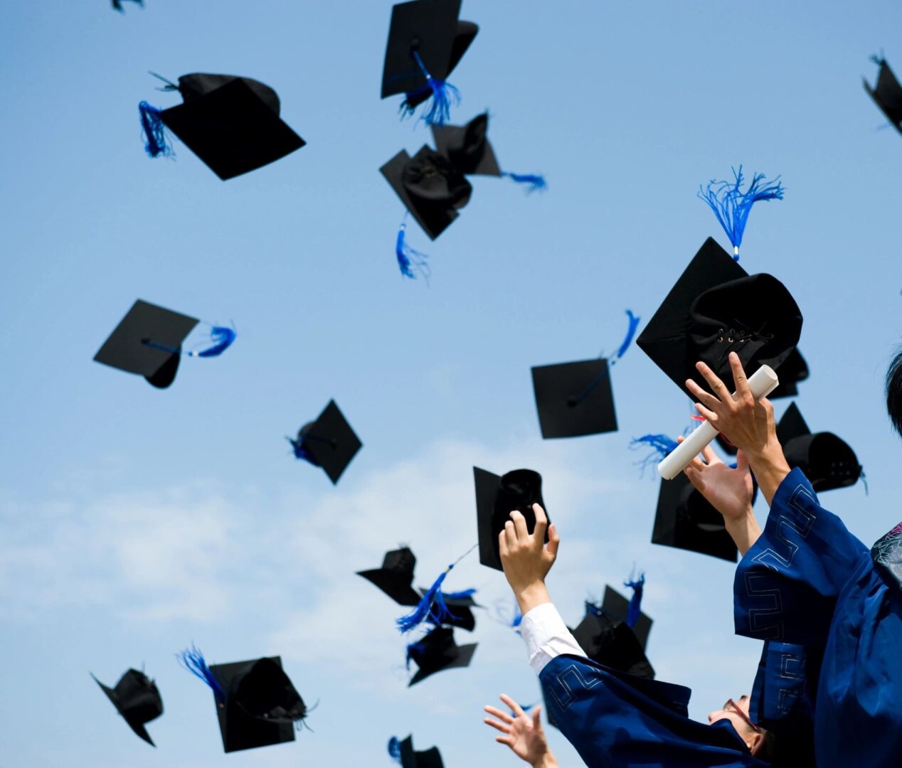 Graduates tossing caps, holding diplomas