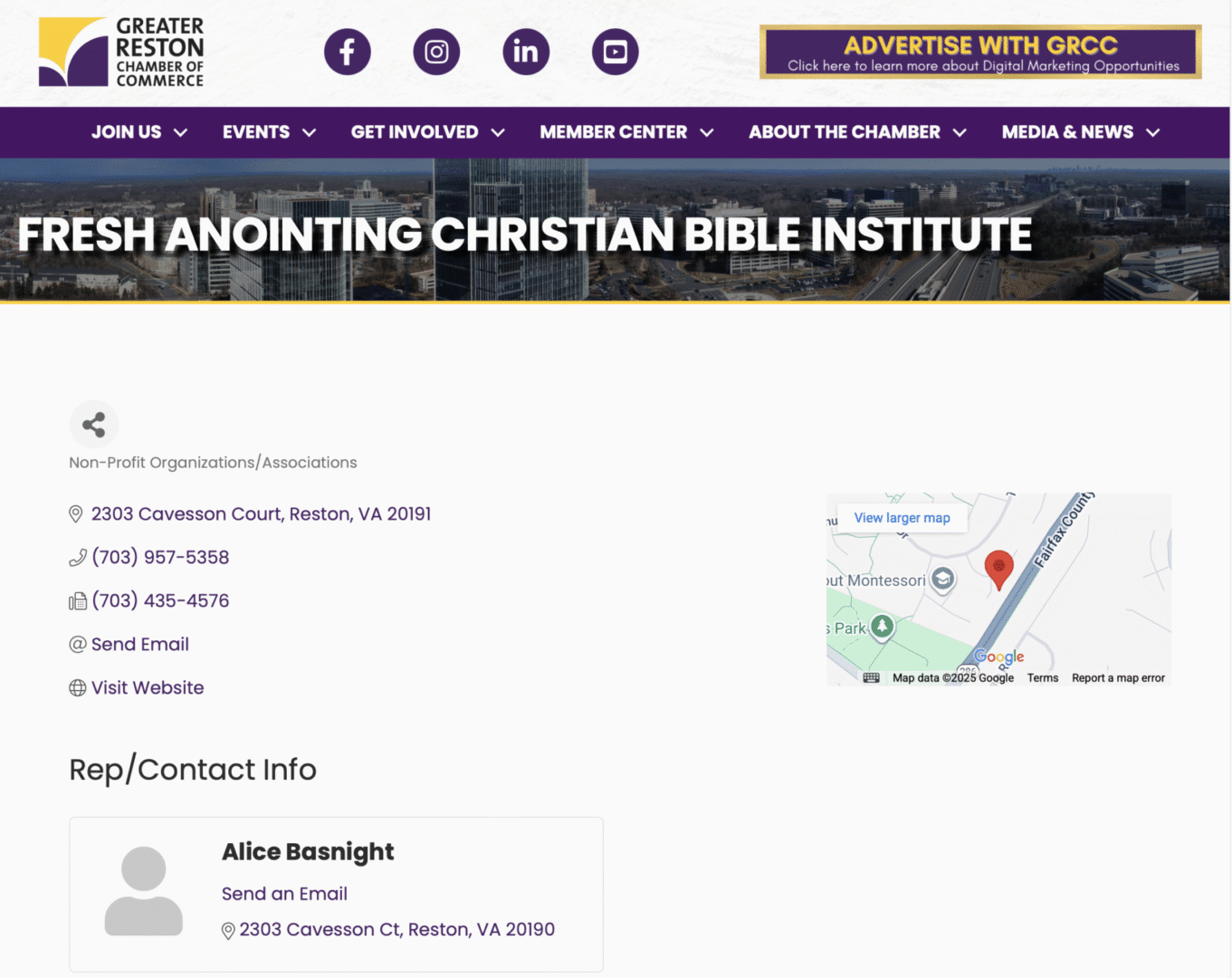 Greater Reston Chamber webpage, contact information displayed.